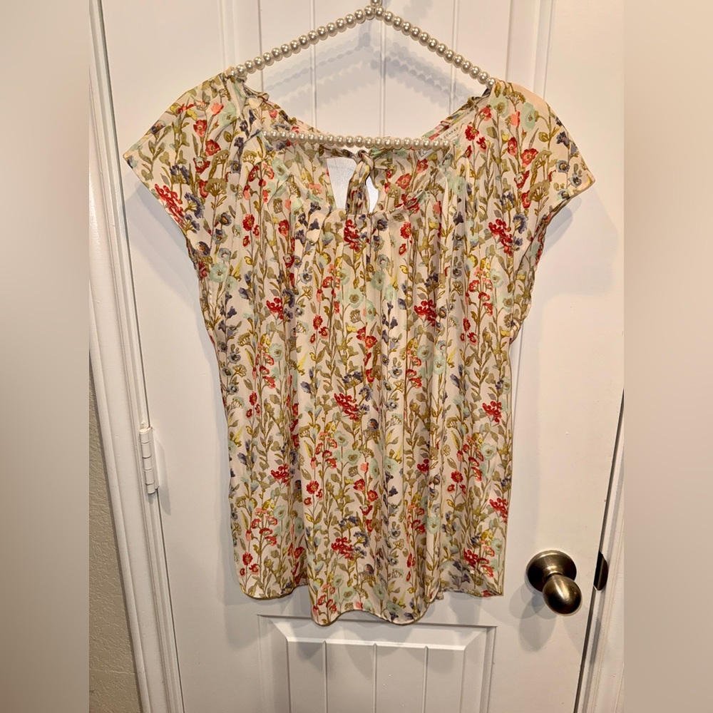 LC Lauren Conrad Floral Blouse Size L Multicolor Tie Back Keyhole Boho Top - Picture 5 of 10